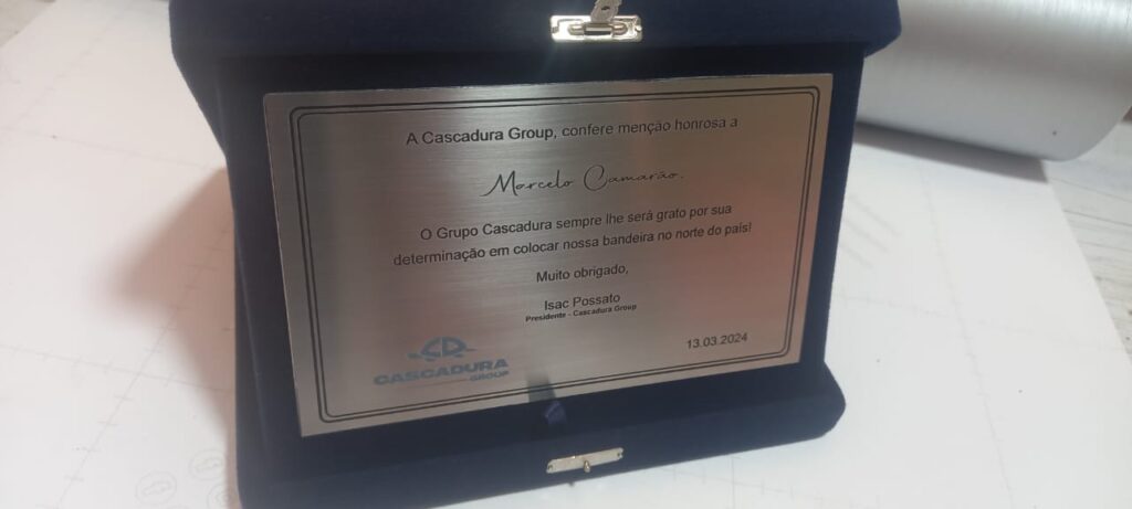 placa que foi entregue a Marcello Camarão, em homenagem a sua jornada de legado no norte do país.